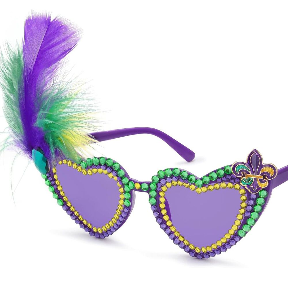 Women's Purple Heart Mardi Gras Feather Rhinestone Novelty Party Sunglasses